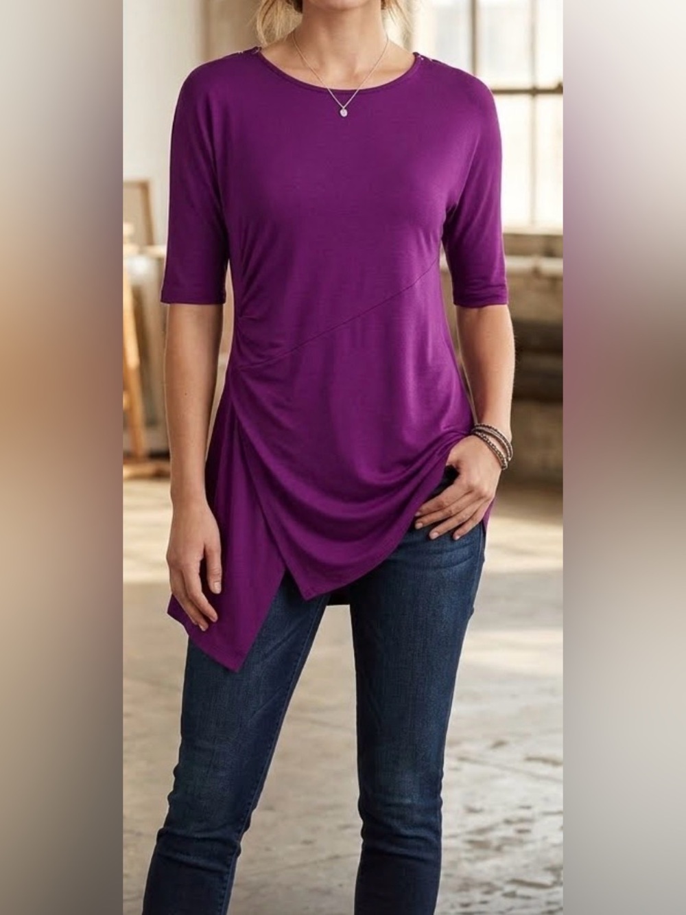 Women's Asymmetric Fuccia Draped Tunic Top